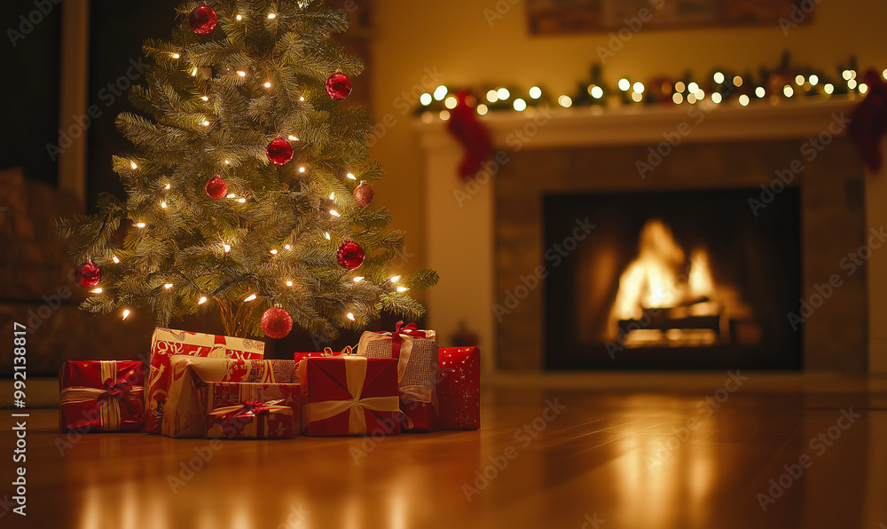 Christmas tree with presents and fireplace in cozy living room with copy space Christmas tree with presents and fireplace in cozy living room with copy space
