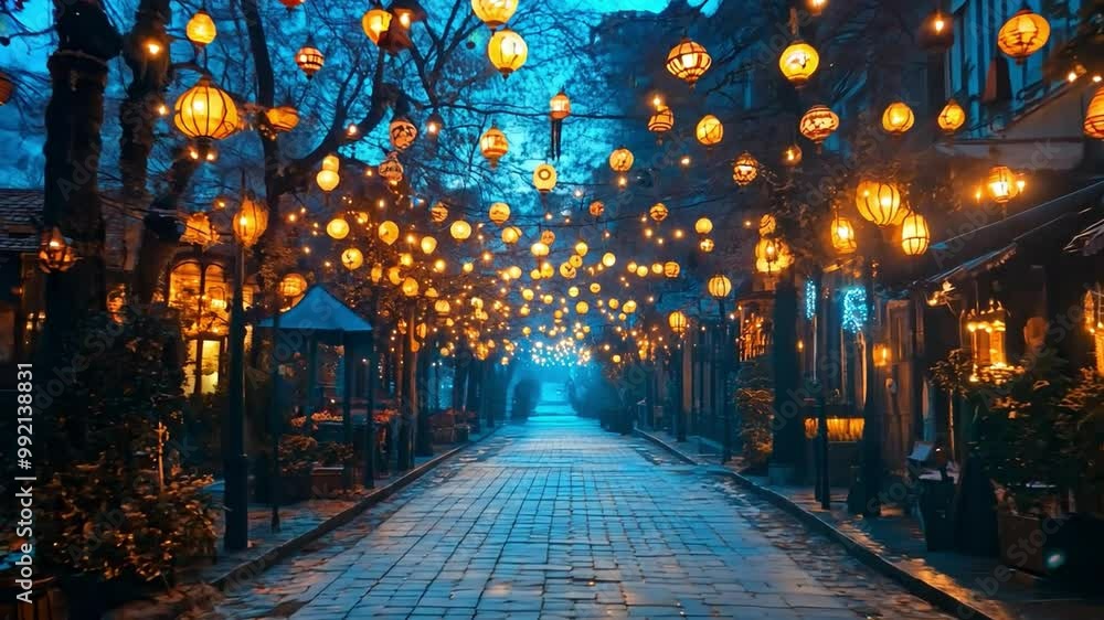 A peaceful street is adorned with glowing lanterns, casting a warm light as dusk settles in, creating a festive ambiance. A peaceful street is adorned with glowing lanterns, casting a warm light as dusk settles in, creating a festive ambiance.