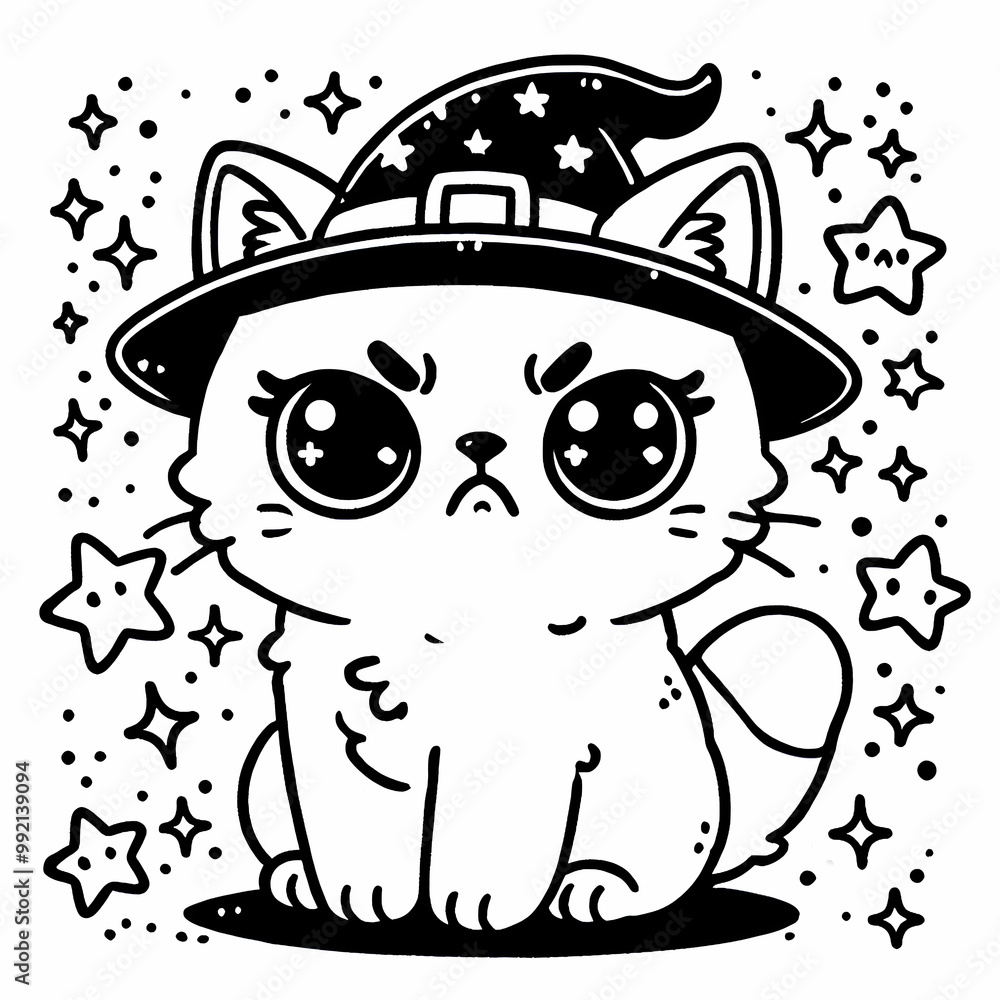 Grumpy Cat in Witch Hat with Stars Coloring Page, Black and White Line Art Illustration, Cozy Cute Halloween Coloring Page, Funny Children Art, Cozy Activity, Printable Sheet Grumpy Cat in Witch Hat with Stars Coloring Page, Black and White Line Art Illustration, Cozy Cute Halloween Coloring Page, Funny Children Art, Cozy Activity, Printable Sheet