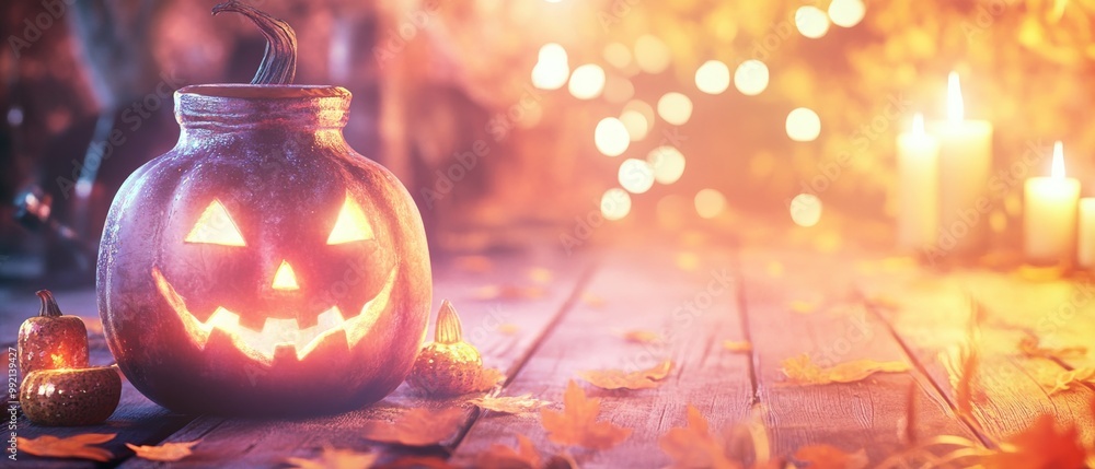 A bright orange pumpkin with a carved creepy face, lit from within by a candle, against the backdrop A bright orange pumpkin with a carved creepy face, lit from within by a candle, against the backdrop