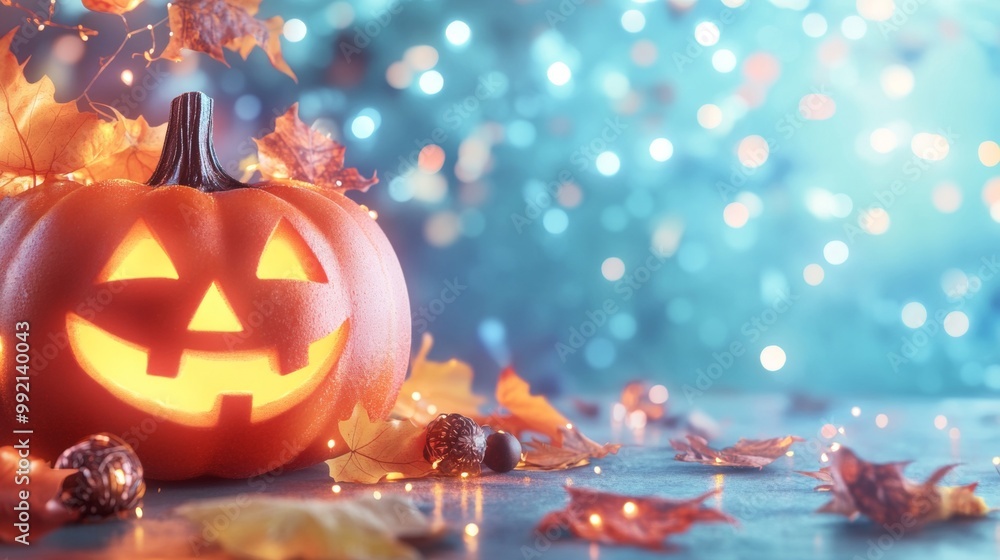 Naklejka premium A bright orange pumpkin with a carved creepy face, lit from within by a candle, against the backdrop