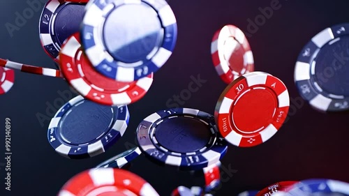 Cascading casino poker chips in vibrant colors close-up, slow motion video scene for gambling and gaming concepts.