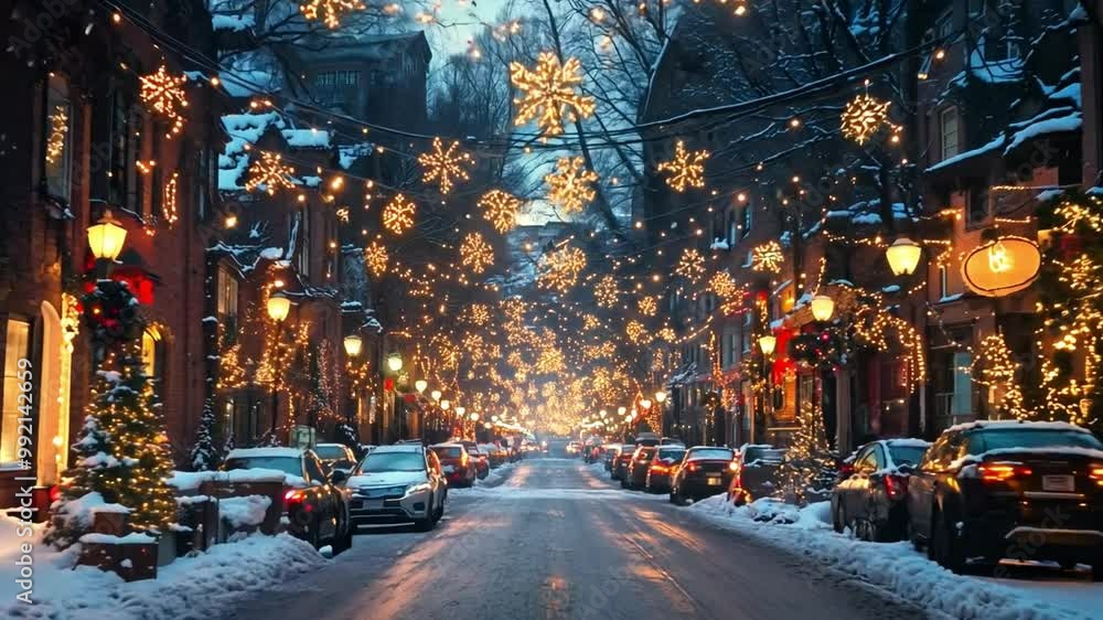 A snowy street adorned with twinkling lights and festive decorations, creating a magical atmosphere on a winter night. A snowy street adorned with twinkling lights and festive decorations, creating a magical atmosphere on a winter night.