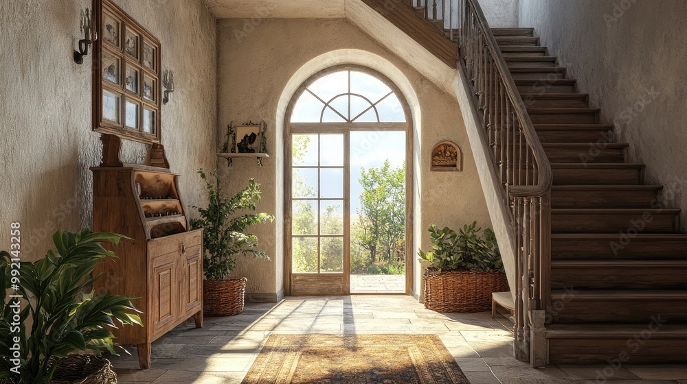 Staircase and arched window in farmhouse hallway Rustic style interior design of entrance hall in country house Staircase and arched window in farmhouse hallway Rustic style interior design of entrance hall in country house