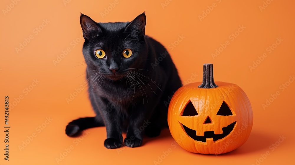 Black cat with jack-o'-lantern on an orange background Black cat with jack-o'-lantern on an orange background
