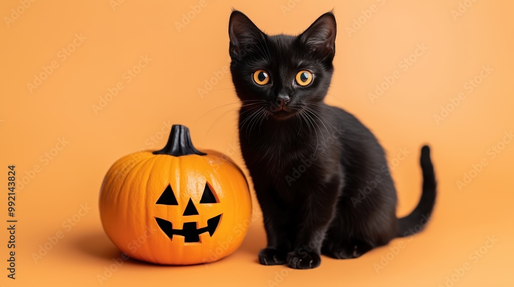 Black cat with jack-o'-lantern on an orange background Black cat with jack-o'-lantern on an orange background