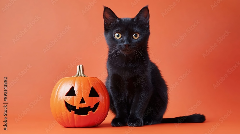 Black cat with jack-o'-lantern on an orange background Black cat with jack-o'-lantern on an orange background