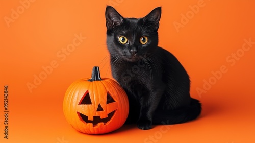 Black cat with jack-o'-lantern on an orange background