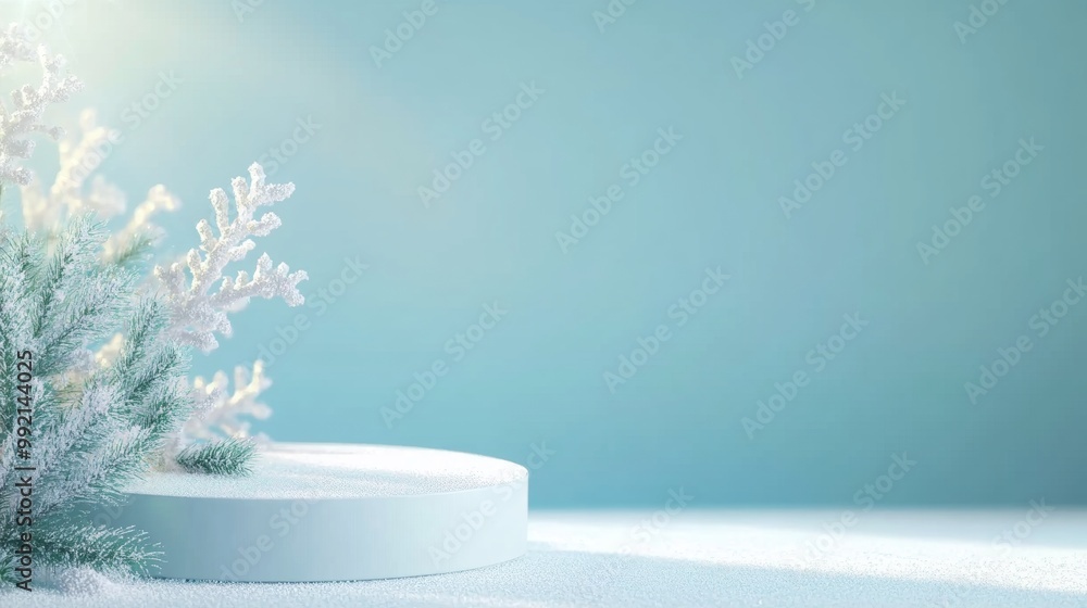 Snowy winter podium in a snow-covered landscape with frosty trees and a clear blue sky in the background. Snowy winter podium in a snow-covered landscape with frosty trees and a clear blue sky in the background.