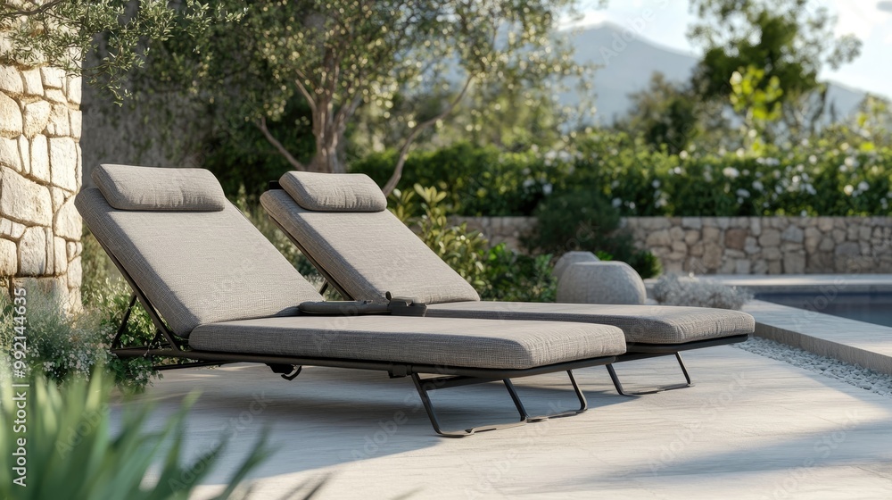 Stylish outdoor chaise lounges with adjustable backs and plush, weather-resistant cushions Stylish outdoor chaise lounges with adjustable backs and plush, weather-resistant cushions