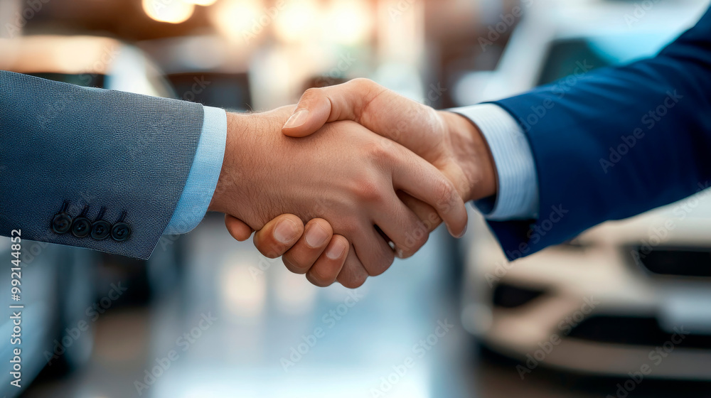 Close-up of people closing a business deal by shaking hands with blurred car dealership background. Customer shaking hands with manager after buying a car. Close-up of people closing a business deal by shaking hands with blurred car dealership background. Customer shaking hands with manager after buying a car.