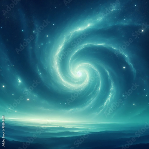 A serene galaxy with a vast, spiraling nebula in cool tones of aqua and teal