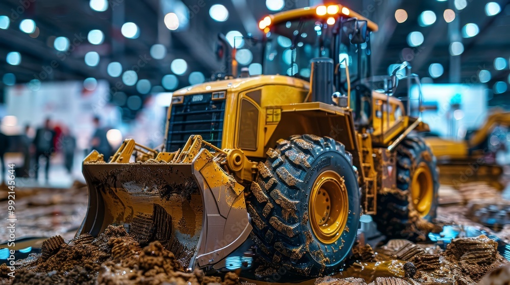 A detailed model of a yellow bulldozer on rugged terrain, highlighted by bright lights in the background, showcasing its powerful design and intricate features. A detailed model of a yellow bulldozer on rugged terrain, highlighted by bright lights in the background, showcasing its powerful design and intricate features.