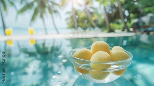 Santol fruits floating glass bowl of sparkling water bright poolside bar palm trees colorful drinks softly blurred behind creating fresh and lively vacation setting Scientific name Sandoricum koetjape photo