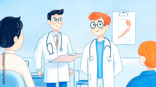 A colorful illustration of doctors discussing patient care in a clinic setting, emphasizing teamwork and professionalism. photo