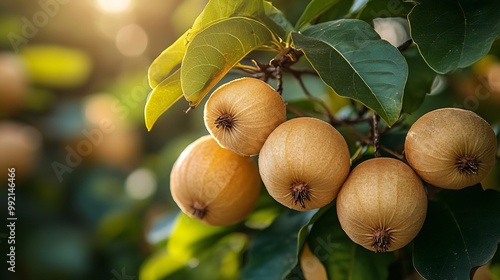 Santol fruits hanging tree sunlit tropical orchard vibrant green foliage colorful beach towels softly blurred in the background creating a fresh exotic atmosphere Scientific name Sandoricum koetjape photo