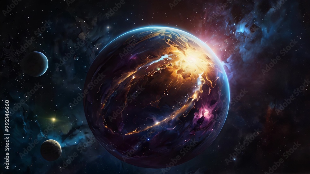 Fototapeta premium Vivid dramatic space scene featuring a planet overwhelmed by a cataclysmic cosmic event against a starry backdrop