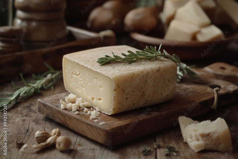 Aromatic piece of hard cheese lying on wooden cutting board Aromatic piece of hard cheese lying on wooden cutting board