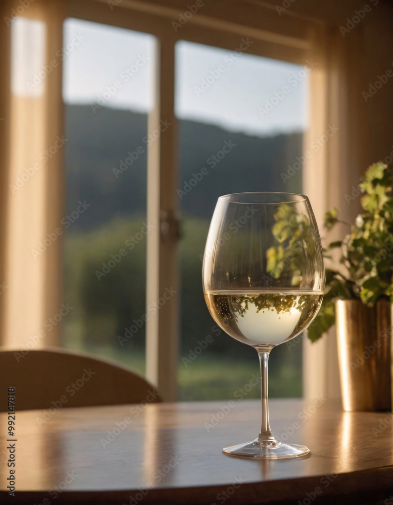A glass of white wine on a table in front of a window landscape, Sunlight streams through the window A glass of white wine on a table in front of a window landscape, Sunlight streams through the window