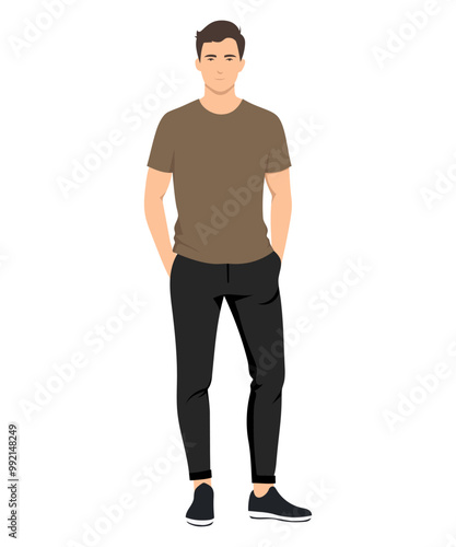 Vector illustration of a man wearing an olive t-shirt and tight black pants, creating a stylish and minimalist look.