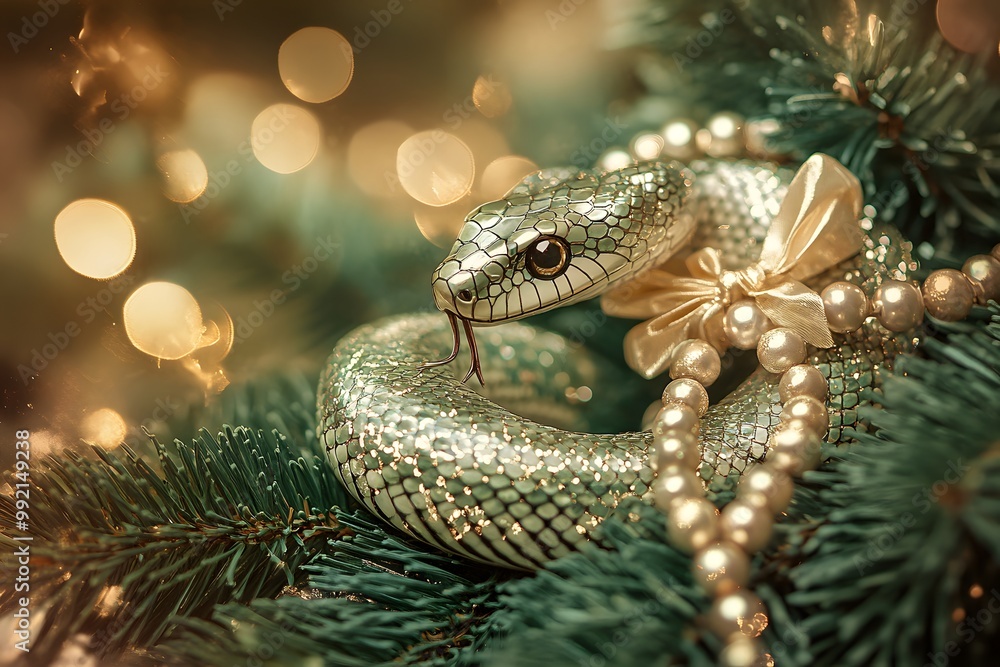 A green snake, adorned with a pink bow on its neck, is wrapped around a snow-covered evergreen branch. A green snake, adorned with a pink bow on its neck, is wrapped around a snow-covered evergreen branch.