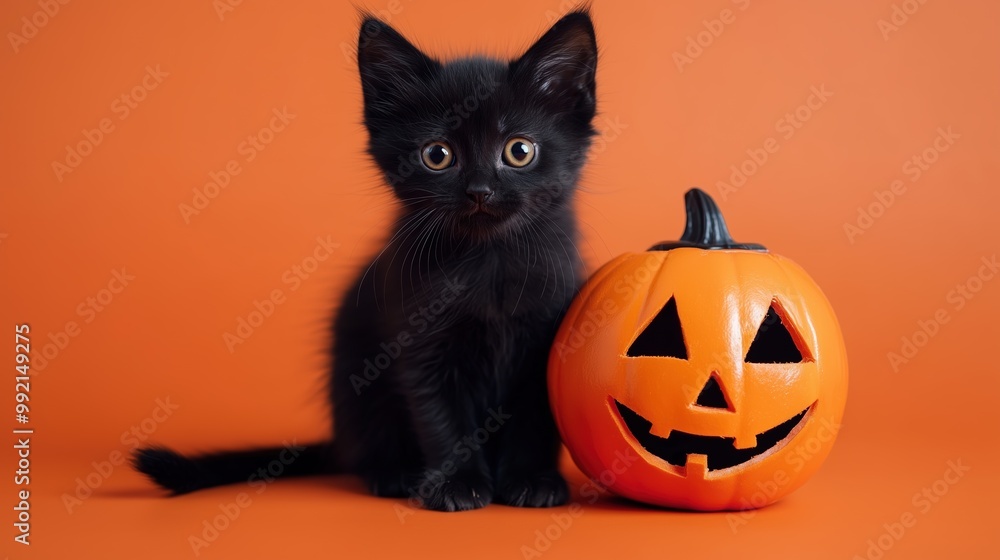 Black kitten with jack-o'-lantern on an orange background Black kitten with jack-o'-lantern on an orange background
