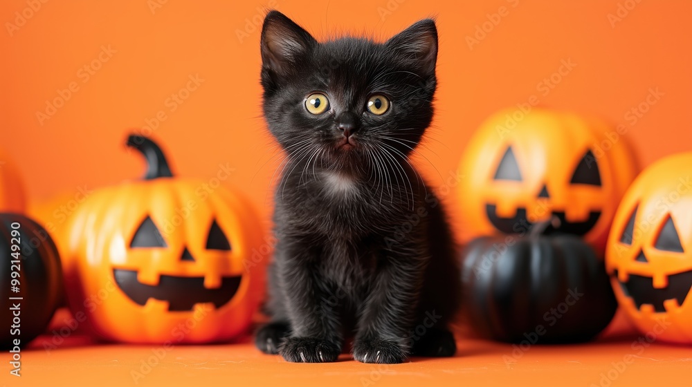 Black kitten with jack-o'-lantern on an orange background Black kitten with jack-o'-lantern on an orange background