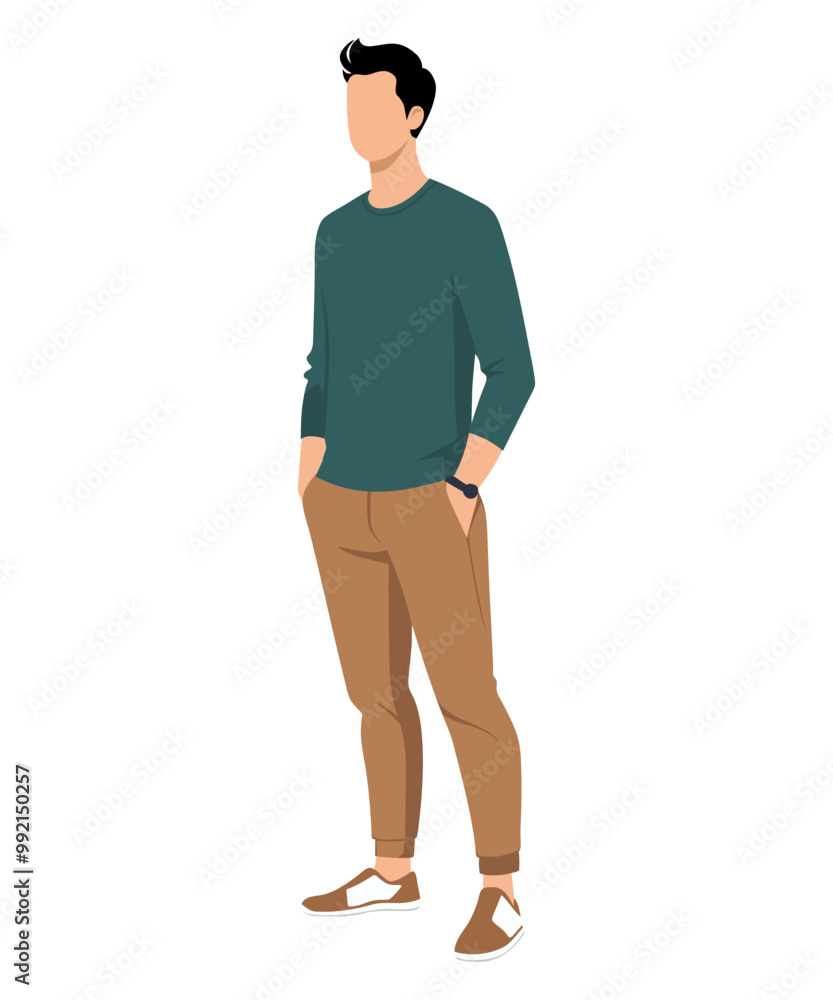 Vector illustration of a man in a dark green sweater and brown pants, emphasizing natural shades and a comfortable style for walking. Vector illustration of a man in a dark green sweater and brown pants, emphasizing natural shades and a comfortable style for walking.