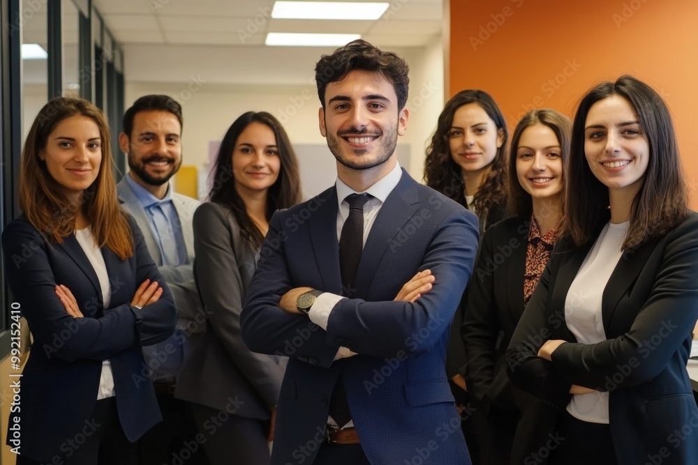 Group of business people smiling with folded arms in office hallway Group of business people smiling with folded arms in office hallway