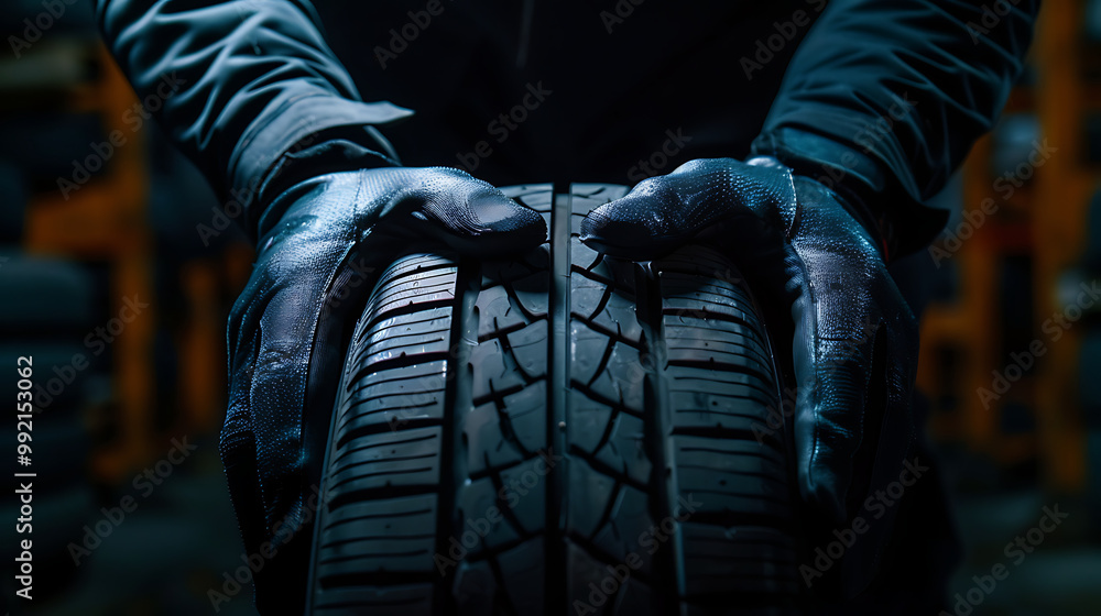 a close-up of a person’s gloved hands holding a tire. The tire appears to be new, with deep grooves and intricate tread patterns designed for traction a close-up of a person’s gloved hands holding a tire. The tire appears to be new, with deep grooves and intricate tread patterns designed for traction