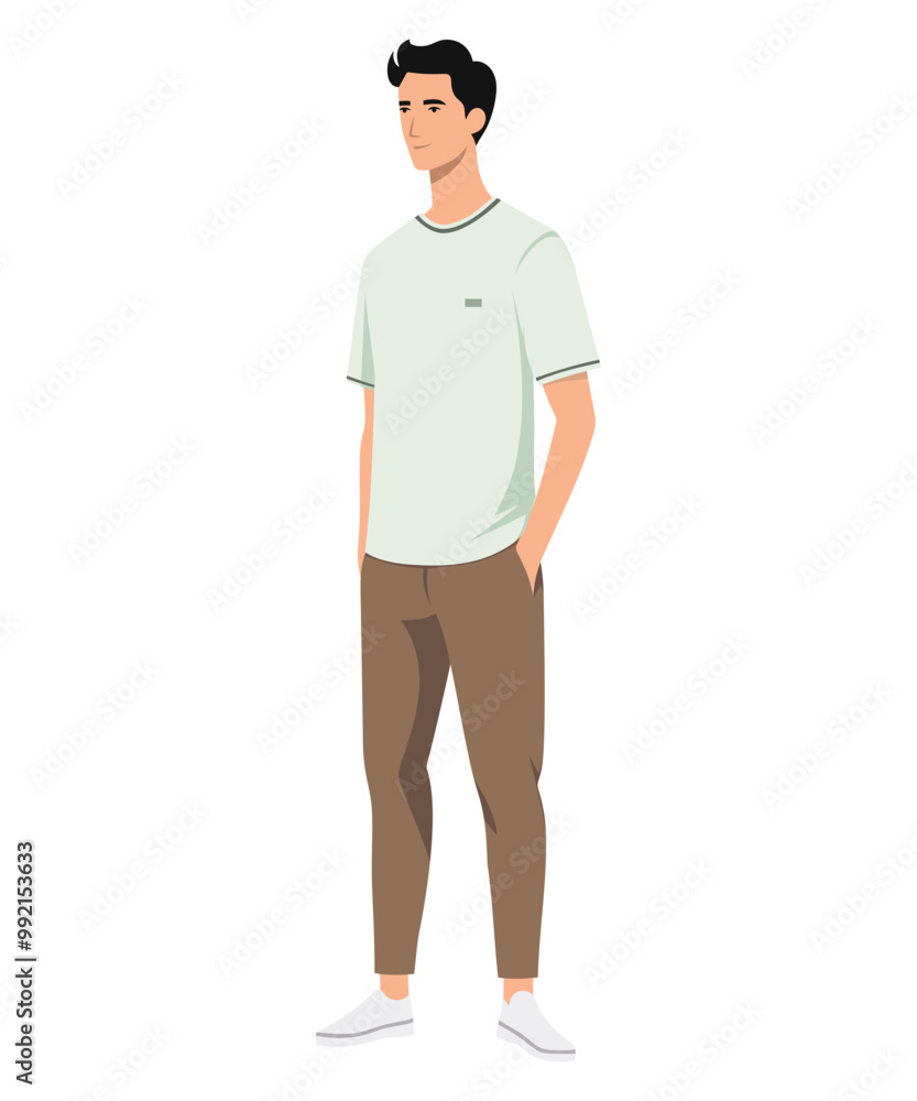 Fototapeta premium A man in a white t-shirt and brown pants, finished off with white sneakers. Minimalist style.
