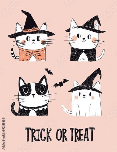 Cute kittens in costumes on a pink background. Illustration for Halloween card, invitation and poster 