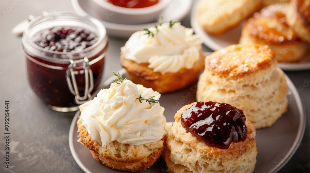 Close-Up Teatime Setting with Scones, Tea Cakes, Jam, and Clotted Cream on Grey Background Close-Up Teatime Setting with Scones, Tea Cakes, Jam, and Clotted Cream on Grey Background