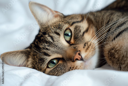 A peaceful tabby cat with green eyes lying on a white surface, comfortable