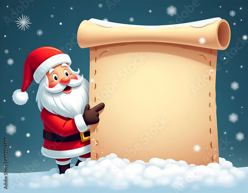 Festive Cartoon Illustration of Santa Claus Holding and Pointing at a Blank Scroll in a Snowy Winter Scene