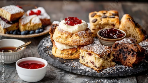 Classic Teatime Layout with Freshly Baked Scones and Tea Cakes Topped with Clotted Cream and Jam on Grey Background