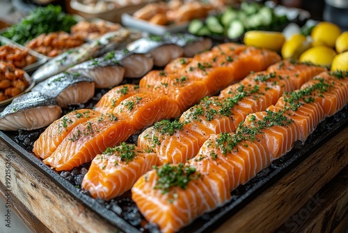 Seafood platter with lobster, shrimp, mussels, shrimps, mussels, squidpus, crab, shrimp, squid, shrimp, fish, musselpus, mussels, squid. Seafood and healthy eating concept. photo