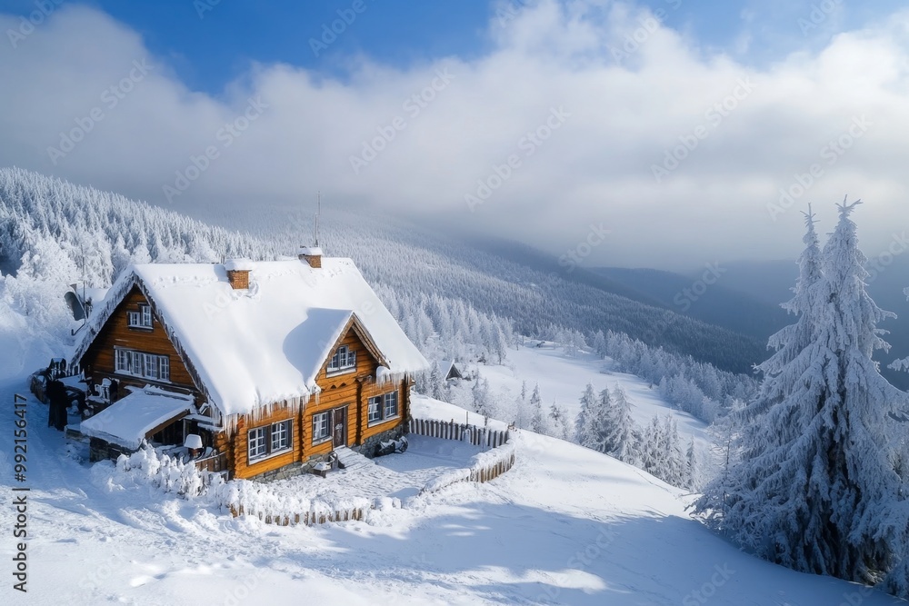 Wooden mountain chalet covered in fresh snow during wintertime Wooden mountain chalet covered in fresh snow during wintertime