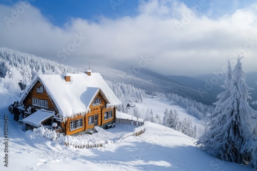Wooden mountain chalet covered in fresh snow during wintertime