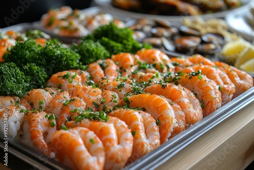 Seafood platter with lobster, shrimp, mussels, shrimps, mussels, squidpus, crab, shrimp, squid, shrimp, fish, musselpus, mussels, squid. Seafood and healthy eating concept. photo