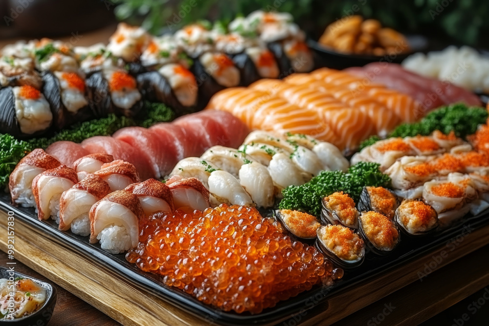 Seafood platter with lobster, shrimp, mussels, shrimps, mussels, squidpus, crab, shrimp, squid, shrimp, fish, musselpus, mussels, squid. Seafood and healthy eating concept. Seafood platter with lobster, shrimp, mussels, shrimps, mussels, squidpus, crab, shrimp, squid, shrimp, fish, musselpus, mussels, squid. Seafood and healthy eating concept.
