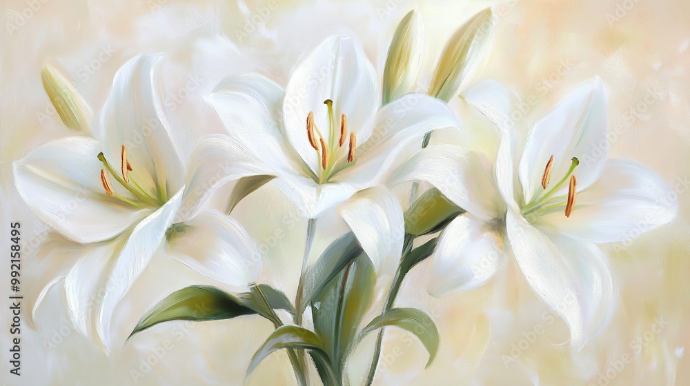 A serene painting of three white lilies with soft background colors. A serene painting of three white lilies with soft background colors.