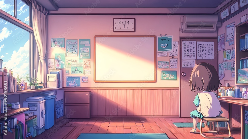 Anime Girl Sitting Alone in Empty Classroom with Sunlight Streaming In Anime Girl Sitting Alone in Empty Classroom with Sunlight Streaming In