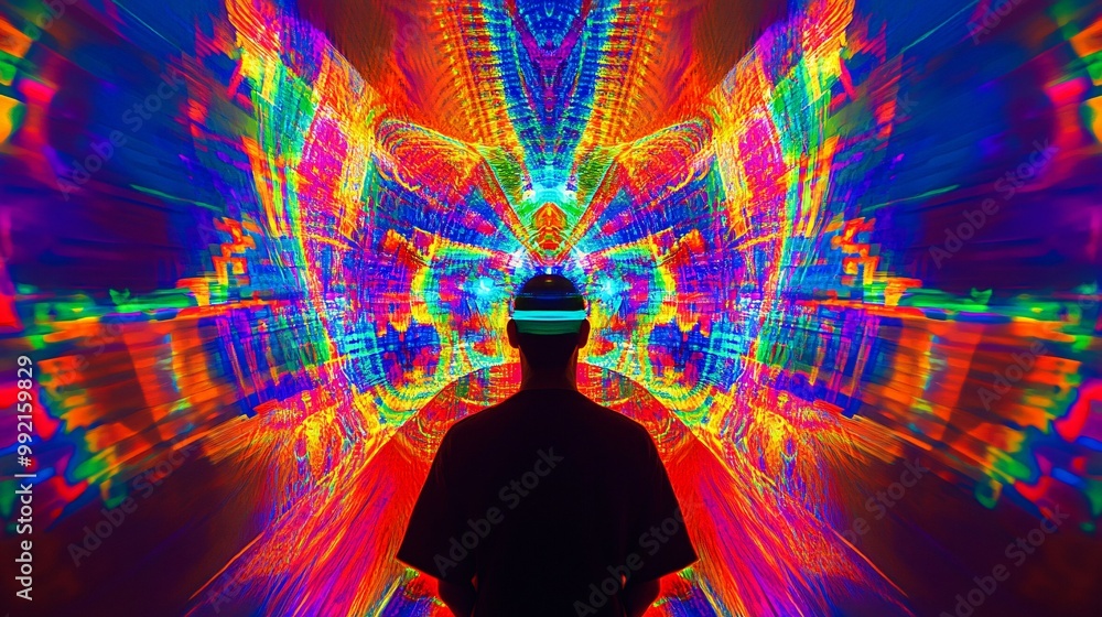 Fototapeta premium A Silhouette of a Person Standing Before a Vibrant and Abstract Kaleidoscope of Colors