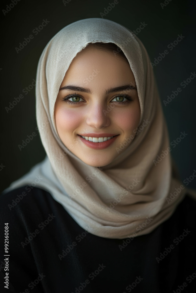 Portrait of beautiful smiling girl with hijab, looking at camera, on dark background, green eyes, studio shot Portrait of beautiful smiling girl with hijab, looking at camera, on dark background, green eyes, studio shot
