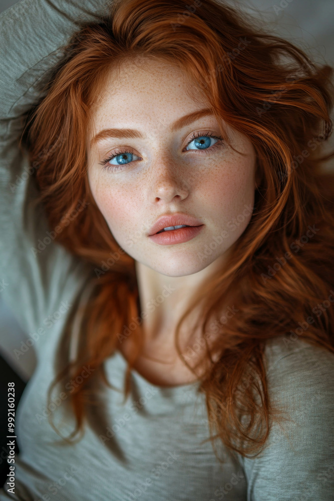 Close-up portrait of a beautiful woman with blue eyes and red hair, looking at the camera Close-up portrait of a beautiful woman with blue eyes and red hair, looking at the camera