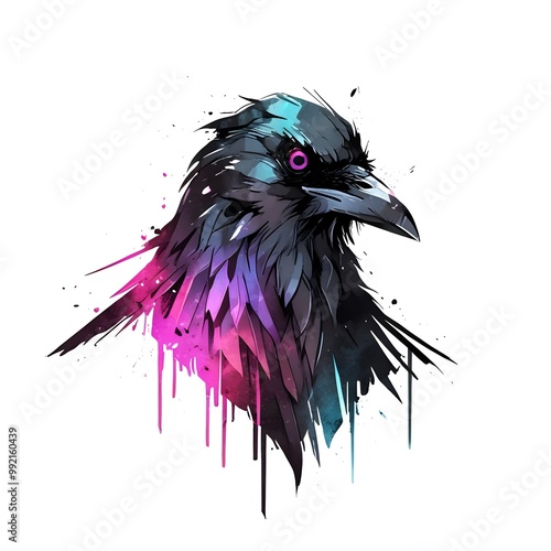 Raven Illustration with Pink and Blue Splatter photo