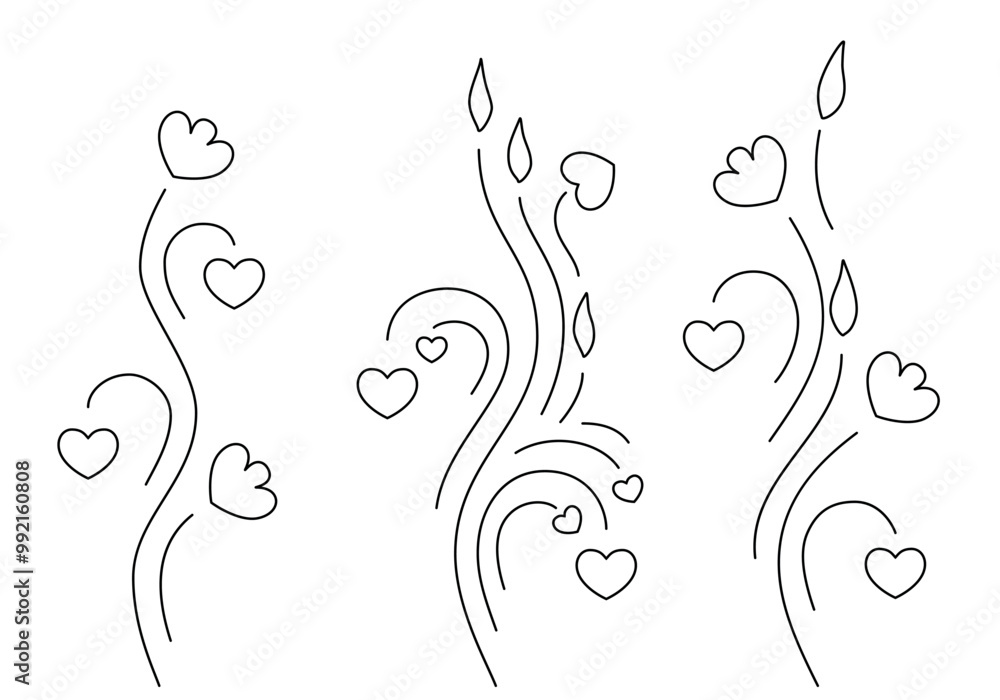 Vines with flowers, hearts and leaves isolated on white background. Stylized floral elements for St. Valentines day, wadding decoration, greeting card, birthday or other. Vector set. Not AI created. Vines with flowers, hearts and leaves isolated on white background. Stylized floral elements for St. Valentines day, wadding decoration, greeting card, birthday or other. Vector set. Not AI created.