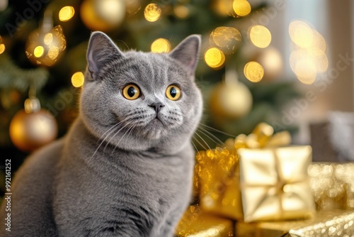 Christmas cat, holiday decorations, festive atmosphere, golden gifts, blurred lights A cute gray cat sits in front of a beautifully decorated Christmas tree with sparkling ornaments photo