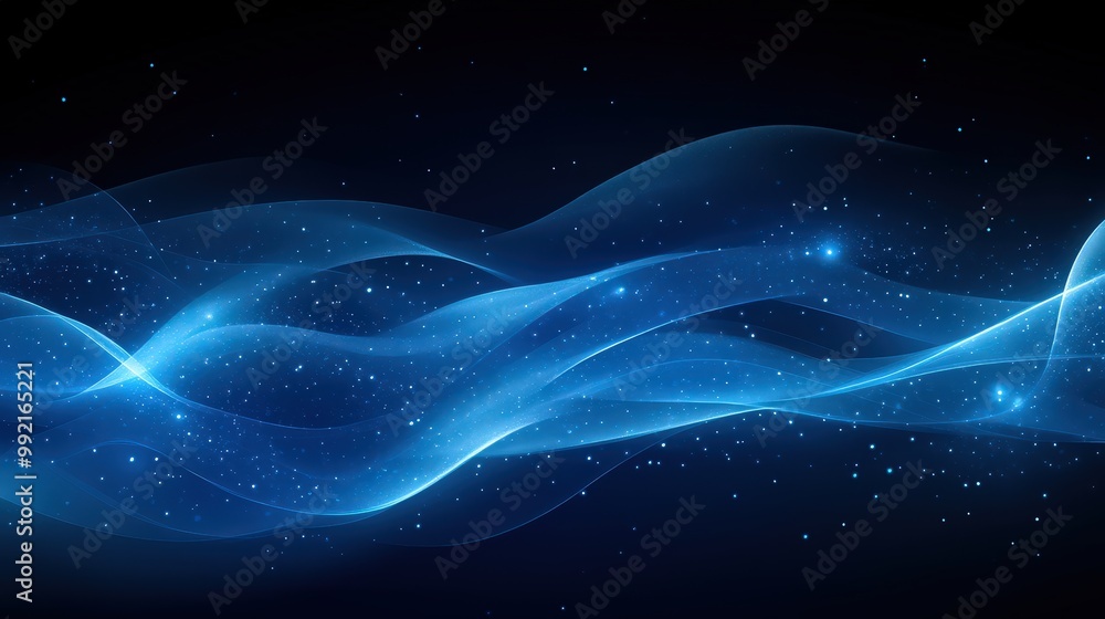 Fototapeta premium Abstract Blue Waves With Glowing Stars And Sparkles On Dark Background